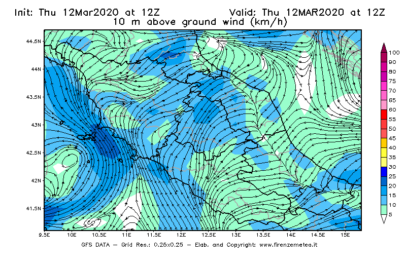 Mappa di analisi GFS - Velocità del vento a 10 metri dal suolo [km/h] in Centro-Italia
							del 12/03/2020 12 <!--googleoff: index-->UTC<!--googleon: index-->