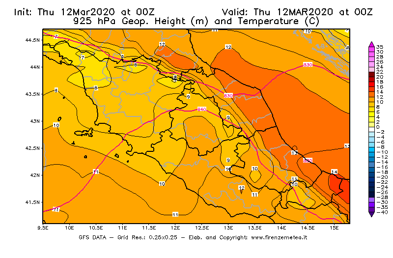 Mappa di analisi GFS - Geopotenziale [m] e Temperatura [°C] a 925 hPa in Centro-Italia
							del 12/03/2020 00 <!--googleoff: index-->UTC<!--googleon: index-->