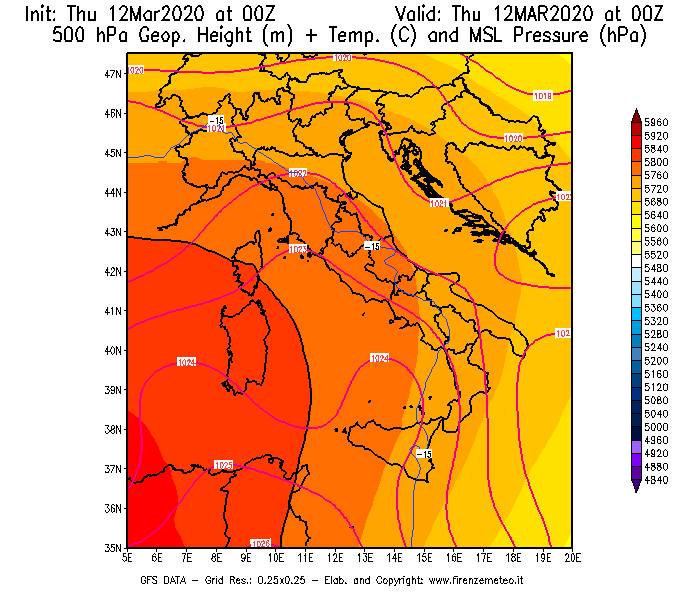 Mappa di analisi GFS - Geopotenziale [m] + Temp. [°C] a 500 hPa + Press. a livello del mare [hPa] in Italia
							del 12/03/2020 00 <!--googleoff: index-->UTC<!--googleon: index-->