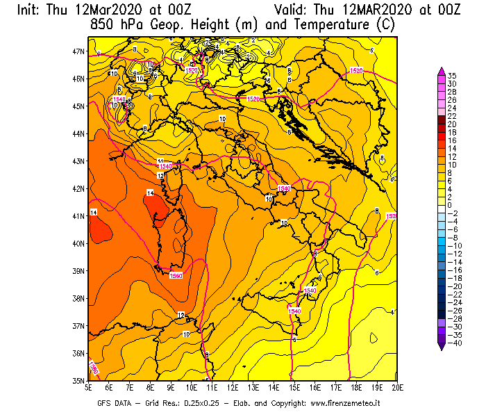 Mappa di analisi GFS - Geopotenziale [m] e Temperatura [°C] a 850 hPa in Italia
							del 12/03/2020 00 <!--googleoff: index-->UTC<!--googleon: index-->