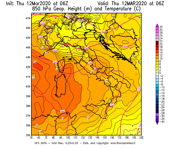 Mappa di analisi GFS - Geopotenziale [m] e Temperatura [°C] a 850 hPa in Italia
							del 12/03/2020 06 <!--googleoff: index-->UTC<!--googleon: index-->