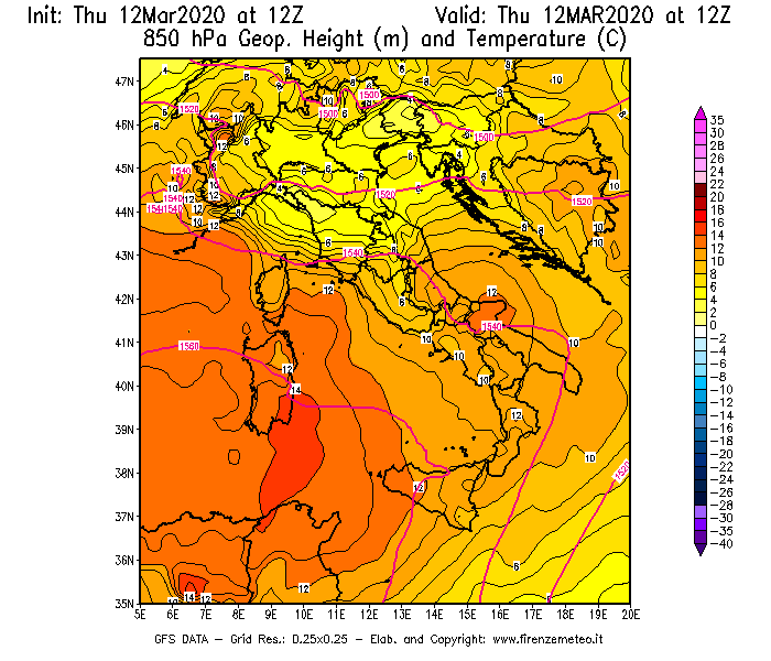 Mappa di analisi GFS - Geopotenziale [m] e Temperatura [°C] a 850 hPa in Italia
							del 12/03/2020 12 <!--googleoff: index-->UTC<!--googleon: index-->