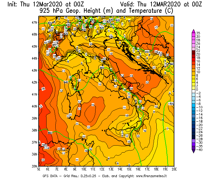 Mappa di analisi GFS - Geopotenziale [m] e Temperatura [°C] a 925 hPa in Italia
							del 12/03/2020 00 <!--googleoff: index-->UTC<!--googleon: index-->