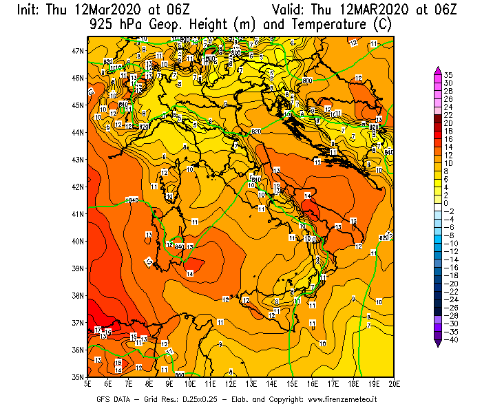 Mappa di analisi GFS - Geopotenziale [m] e Temperatura [°C] a 925 hPa in Italia
							del 12/03/2020 06 <!--googleoff: index-->UTC<!--googleon: index-->