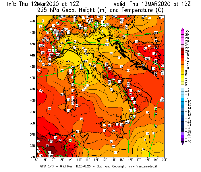 Mappa di analisi GFS - Geopotenziale [m] e Temperatura [°C] a 925 hPa in Italia
							del 12/03/2020 12 <!--googleoff: index-->UTC<!--googleon: index-->