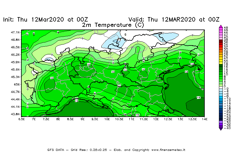 Mappa di analisi GFS - Temperatura a 2 metri dal suolo [°C] in Nord-Italia
							del 12/03/2020 00 <!--googleoff: index-->UTC<!--googleon: index-->