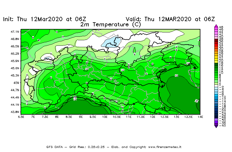 Mappa di analisi GFS - Temperatura a 2 metri dal suolo [°C] in Nord-Italia
							del 12/03/2020 06 <!--googleoff: index-->UTC<!--googleon: index-->