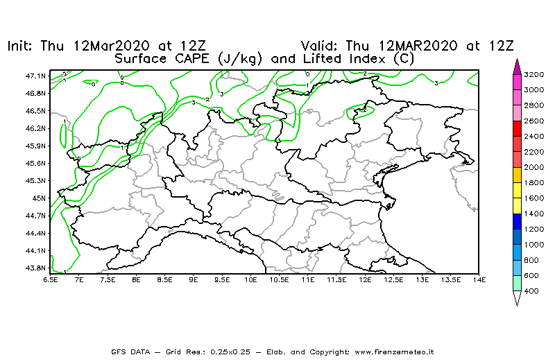 Mappa di analisi GFS - CAPE [J/kg] e Lifted Index [°C] in Nord-Italia
							del 12/03/2020 12 <!--googleoff: index-->UTC<!--googleon: index-->