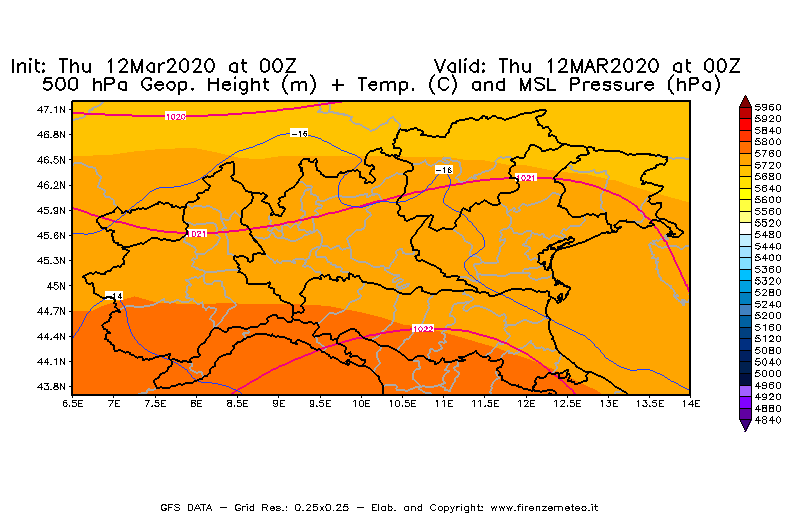 Mappa di analisi GFS - Geopotenziale [m] + Temp. [°C] a 500 hPa + Press. a livello del mare [hPa] in Nord-Italia
							del 12/03/2020 00 <!--googleoff: index-->UTC<!--googleon: index-->