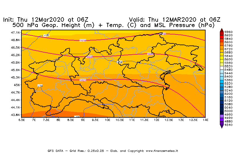 Mappa di analisi GFS - Geopotenziale [m] + Temp. [°C] a 500 hPa + Press. a livello del mare [hPa] in Nord-Italia
							del 12/03/2020 06 <!--googleoff: index-->UTC<!--googleon: index-->