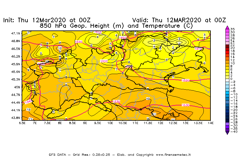 Mappa di analisi GFS - Geopotenziale [m] e Temperatura [°C] a 850 hPa in Nord-Italia
							del 12/03/2020 00 <!--googleoff: index-->UTC<!--googleon: index-->