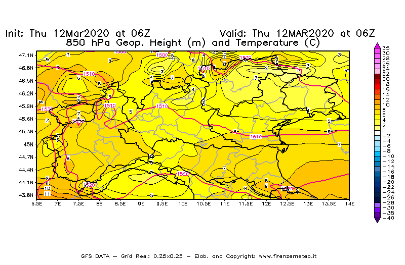 Mappa di analisi GFS - Geopotenziale [m] e Temperatura [°C] a 850 hPa in Nord-Italia
							del 12/03/2020 06 <!--googleoff: index-->UTC<!--googleon: index-->
