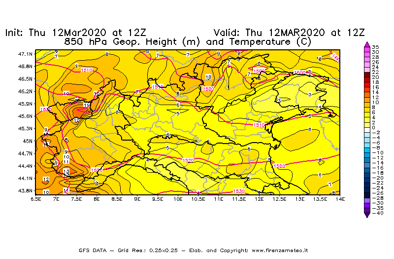 Mappa di analisi GFS - Geopotenziale [m] e Temperatura [°C] a 850 hPa in Nord-Italia
							del 12/03/2020 12 <!--googleoff: index-->UTC<!--googleon: index-->