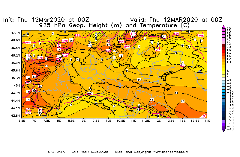 Mappa di analisi GFS - Geopotenziale [m] e Temperatura [°C] a 925 hPa in Nord-Italia
							del 12/03/2020 00 <!--googleoff: index-->UTC<!--googleon: index-->