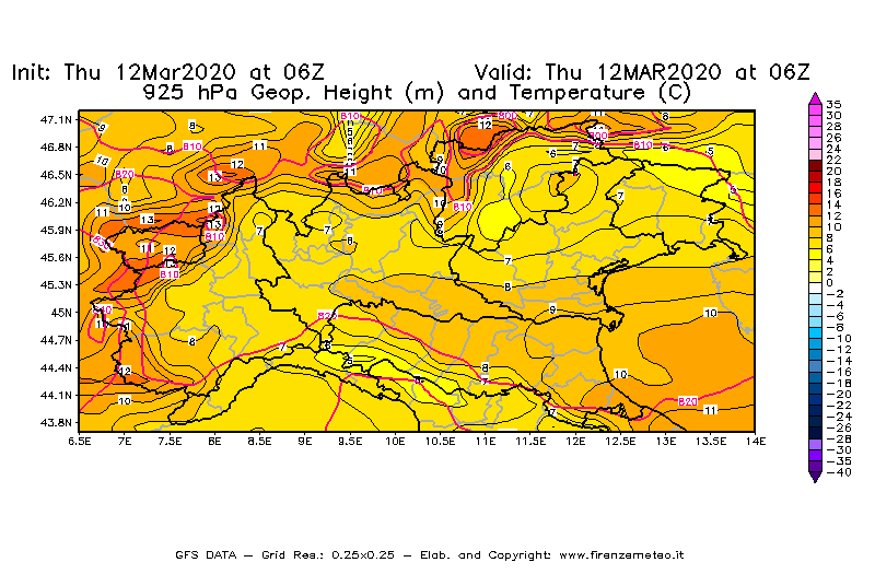 Mappa di analisi GFS - Geopotenziale [m] e Temperatura [°C] a 925 hPa in Nord-Italia
							del 12/03/2020 06 <!--googleoff: index-->UTC<!--googleon: index-->
