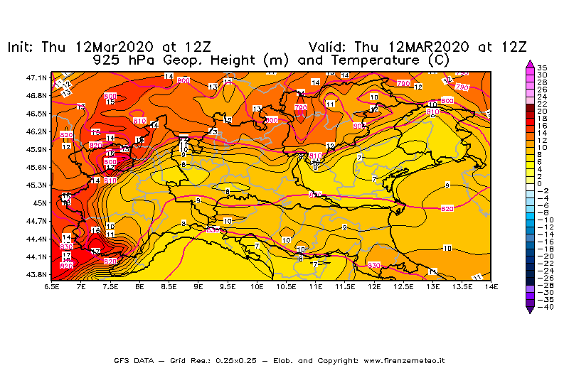 Mappa di analisi GFS - Geopotenziale [m] e Temperatura [°C] a 925 hPa in Nord-Italia
							del 12/03/2020 12 <!--googleoff: index-->UTC<!--googleon: index-->