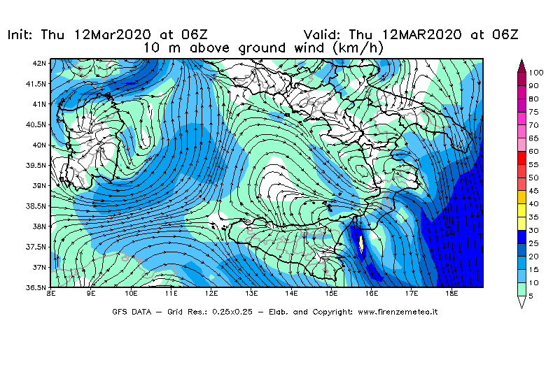 Mappa di analisi GFS - Velocità del vento a 10 metri dal suolo [km/h] in Sud-Italia
							del 12/03/2020 06 <!--googleoff: index-->UTC<!--googleon: index-->