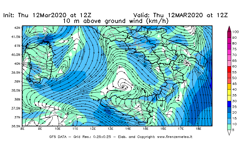 Mappa di analisi GFS - Velocità del vento a 10 metri dal suolo [km/h] in Sud-Italia
							del 12/03/2020 12 <!--googleoff: index-->UTC<!--googleon: index-->