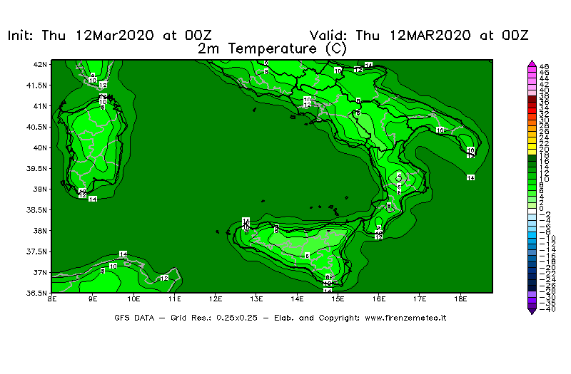 Mappa di analisi GFS - Temperatura a 2 metri dal suolo [°C] in Sud-Italia
							del 12/03/2020 00 <!--googleoff: index-->UTC<!--googleon: index-->