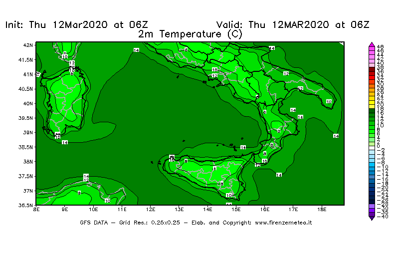 Mappa di analisi GFS - Temperatura a 2 metri dal suolo [°C] in Sud-Italia
							del 12/03/2020 06 <!--googleoff: index-->UTC<!--googleon: index-->