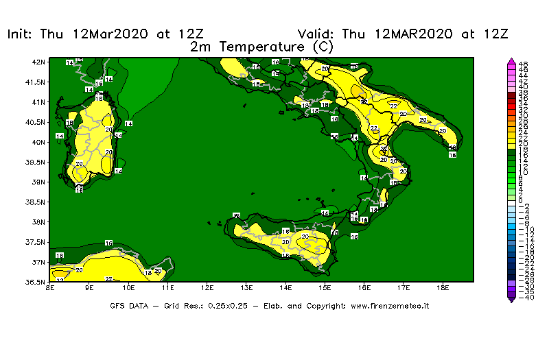 Mappa di analisi GFS - Temperatura a 2 metri dal suolo [°C] in Sud-Italia
							del 12/03/2020 12 <!--googleoff: index-->UTC<!--googleon: index-->