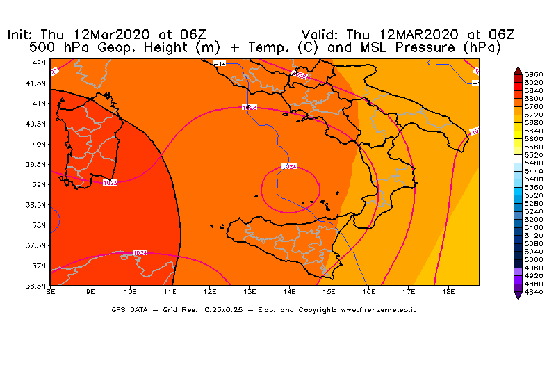 Mappa di analisi GFS - Geopotenziale [m] + Temp. [°C] a 500 hPa + Press. a livello del mare [hPa] in Sud-Italia
							del 12/03/2020 06 <!--googleoff: index-->UTC<!--googleon: index-->