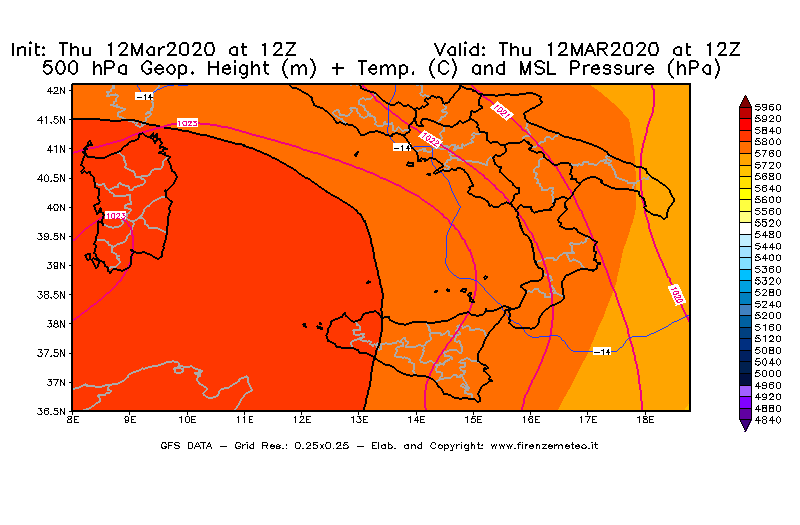 Mappa di analisi GFS - Geopotenziale [m] + Temp. [°C] a 500 hPa + Press. a livello del mare [hPa] in Sud-Italia
							del 12/03/2020 12 <!--googleoff: index-->UTC<!--googleon: index-->