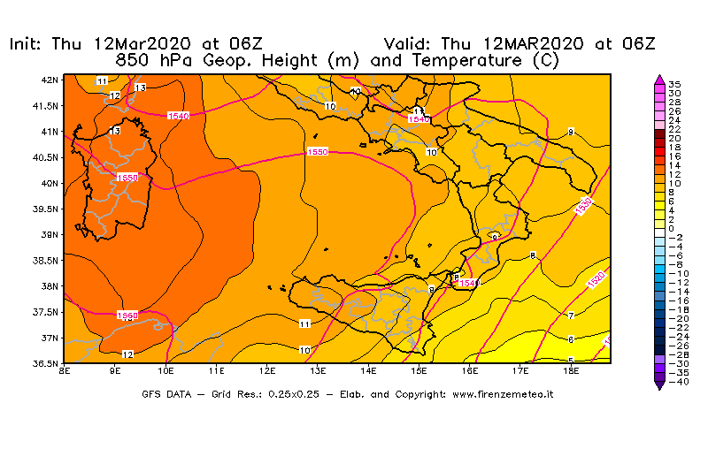 Mappa di analisi GFS - Geopotenziale [m] e Temperatura [°C] a 850 hPa in Sud-Italia
							del 12/03/2020 06 <!--googleoff: index-->UTC<!--googleon: index-->