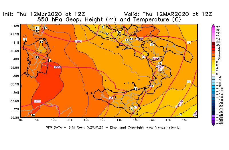 Mappa di analisi GFS - Geopotenziale [m] e Temperatura [°C] a 850 hPa in Sud-Italia
							del 12/03/2020 12 <!--googleoff: index-->UTC<!--googleon: index-->
