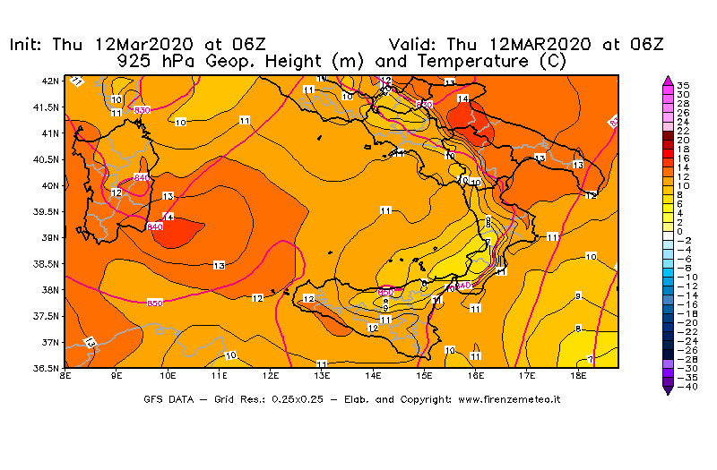 Mappa di analisi GFS - Geopotenziale [m] e Temperatura [°C] a 925 hPa in Sud-Italia
							del 12/03/2020 06 <!--googleoff: index-->UTC<!--googleon: index-->