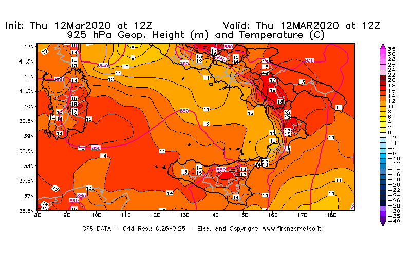 Mappa di analisi GFS - Geopotenziale [m] e Temperatura [°C] a 925 hPa in Sud-Italia
							del 12/03/2020 12 <!--googleoff: index-->UTC<!--googleon: index-->