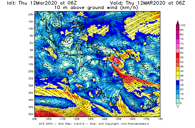 Mappa di analisi GFS - Velocità del vento a 10 metri dal suolo [km/h] in Oceania
							del 12/03/2020 06 <!--googleoff: index-->UTC<!--googleon: index-->