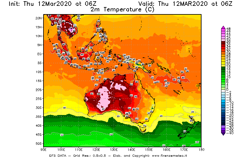 Mappa di analisi GFS - Temperatura a 2 metri dal suolo [°C] in Oceania
							del 12/03/2020 06 <!--googleoff: index-->UTC<!--googleon: index-->