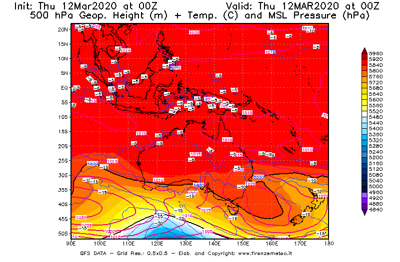 Mappa di analisi GFS - Geopotenziale [m] + Temp. [°C] a 500 hPa + Press. a livello del mare [hPa] in Oceania
							del 12/03/2020 00 <!--googleoff: index-->UTC<!--googleon: index-->