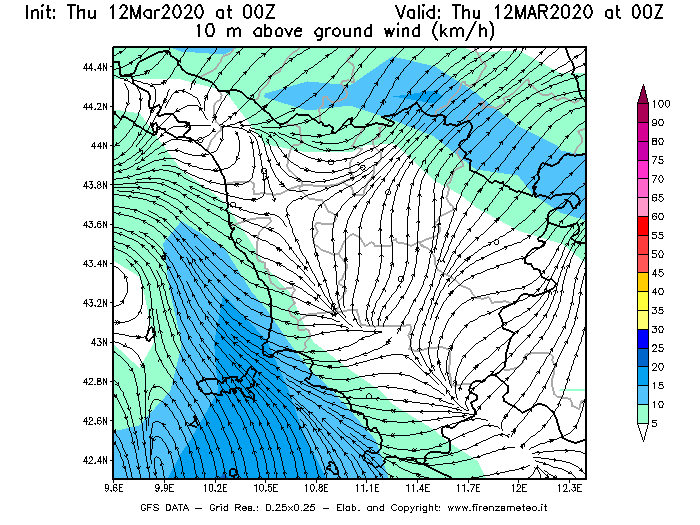 Mappa di analisi GFS - Velocità del vento a 10 metri dal suolo [km/h] in Toscana
							del 12/03/2020 00 <!--googleoff: index-->UTC<!--googleon: index-->