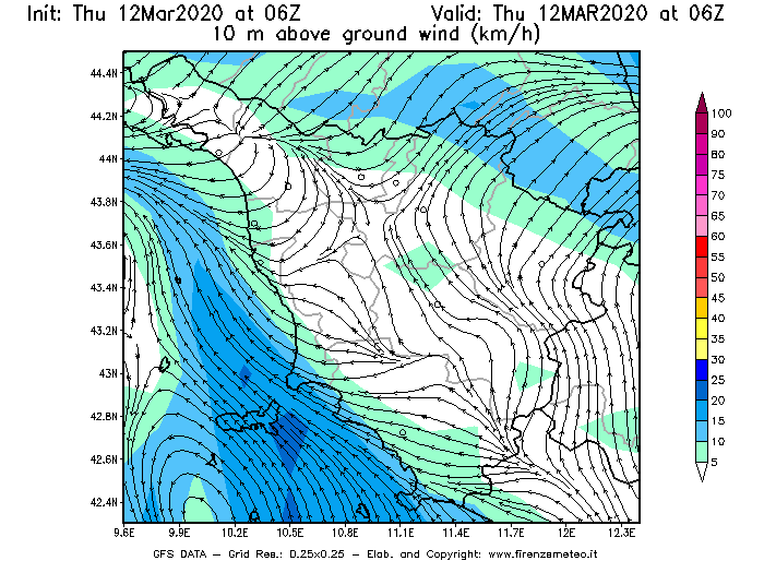 Mappa di analisi GFS - Velocità del vento a 10 metri dal suolo [km/h] in Toscana
							del 12/03/2020 06 <!--googleoff: index-->UTC<!--googleon: index-->