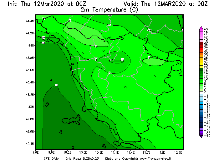 Mappa di analisi GFS - Temperatura a 2 metri dal suolo [°C] in Toscana
							del 12/03/2020 00 <!--googleoff: index-->UTC<!--googleon: index-->
