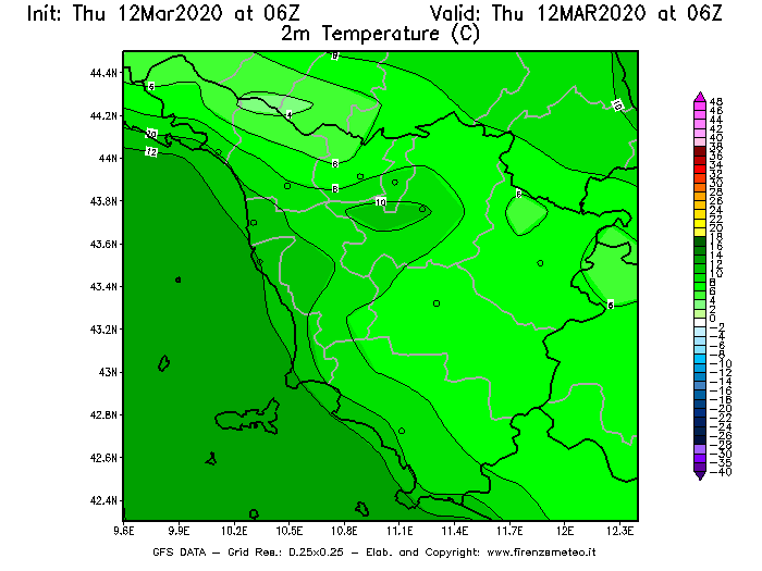 Mappa di analisi GFS - Temperatura a 2 metri dal suolo [°C] in Toscana
							del 12/03/2020 06 <!--googleoff: index-->UTC<!--googleon: index-->