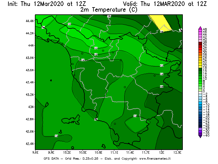 Mappa di analisi GFS - Temperatura a 2 metri dal suolo [°C] in Toscana
							del 12/03/2020 12 <!--googleoff: index-->UTC<!--googleon: index-->