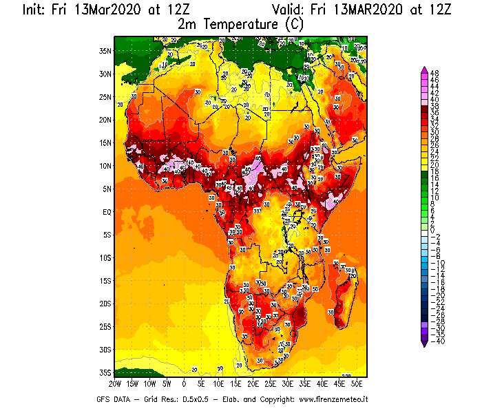 Mappa di analisi GFS - Temperatura a 2 metri dal suolo [°C] in Africa
							del 13/03/2020 12 <!--googleoff: index-->UTC<!--googleon: index-->