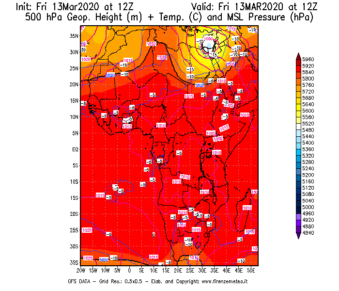 Mappa di analisi GFS - Geopotenziale [m] + Temp. [°C] a 500 hPa + Press. a livello del mare [hPa] in Africa
							del 13/03/2020 12 <!--googleoff: index-->UTC<!--googleon: index-->