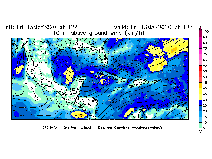 Mappa di analisi GFS - Velocità del vento a 10 metri dal suolo [km/h] in Centro-America
							del 13/03/2020 12 <!--googleoff: index-->UTC<!--googleon: index-->