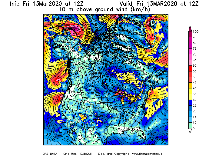 Mappa di analisi GFS - Velocità del vento a 10 metri dal suolo [km/h] in Nord-America
							del 13/03/2020 12 <!--googleoff: index-->UTC<!--googleon: index-->