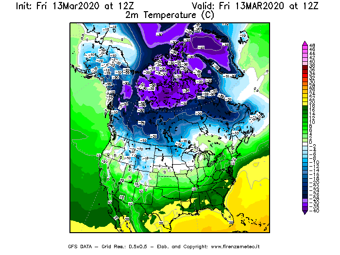 Mappa di analisi GFS - Temperatura a 2 metri dal suolo [°C] in Nord-America
							del 13/03/2020 12 <!--googleoff: index-->UTC<!--googleon: index-->