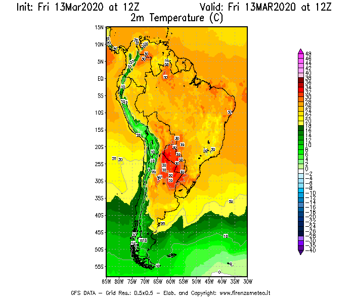 Mappa di analisi GFS - Temperatura a 2 metri dal suolo [°C] in Sud-America
							del 13/03/2020 12 <!--googleoff: index-->UTC<!--googleon: index-->
