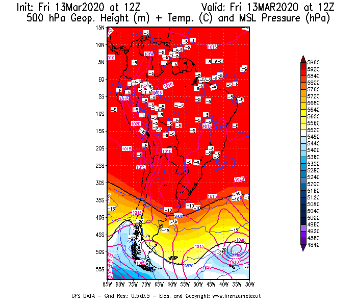 Mappa di analisi GFS - Geopotenziale [m] + Temp. [°C] a 500 hPa + Press. a livello del mare [hPa] in Sud-America
							del 13/03/2020 12 <!--googleoff: index-->UTC<!--googleon: index-->
