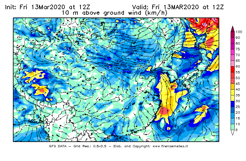 Mappa di analisi GFS - Velocità del vento a 10 metri dal suolo [km/h] in Asia Orientale
							del 13/03/2020 12 <!--googleoff: index-->UTC<!--googleon: index-->