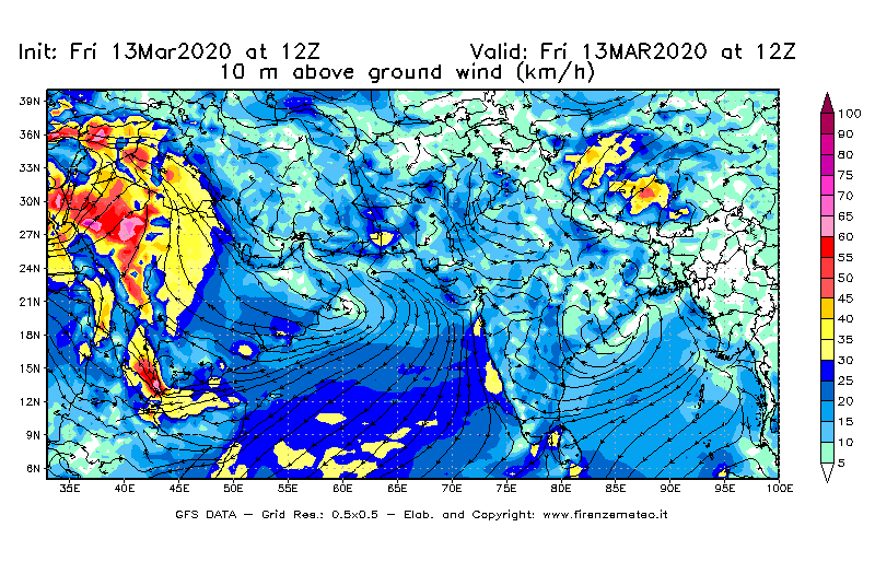 Mappa di analisi GFS - Velocità del vento a 10 metri dal suolo [km/h] in Asia Sud-Occidentale
							del 13/03/2020 12 <!--googleoff: index-->UTC<!--googleon: index-->