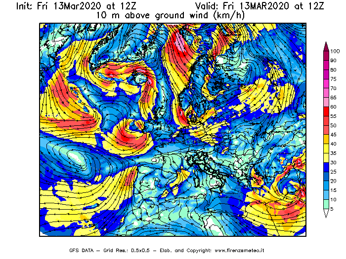 Mappa di analisi GFS - Velocità del vento a 10 metri dal suolo [km/h] in Europa
							del 13/03/2020 12 <!--googleoff: index-->UTC<!--googleon: index-->
