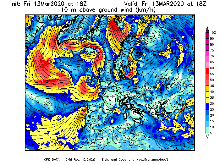 Mappa di analisi GFS - Velocità del vento a 10 metri dal suolo [km/h] in Europa
							del 13/03/2020 18 <!--googleoff: index-->UTC<!--googleon: index-->